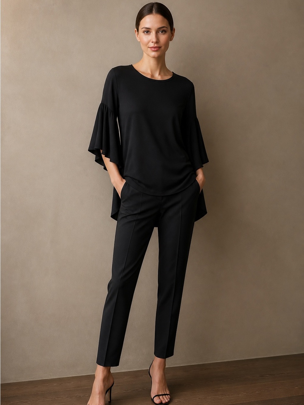 Black Ruffle-Sleeve Tunic Top - Elegant Draped Silhouette